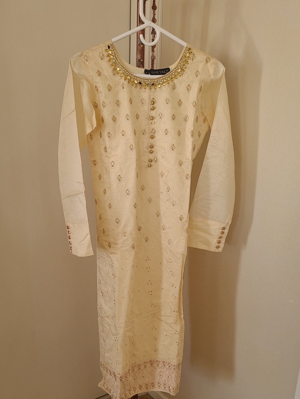 Shetaila Cream Long Sleeve Embellished Dress